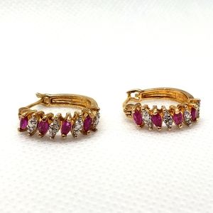 Sterling Silver Natural Ruby & Diamond Hoop Earrings